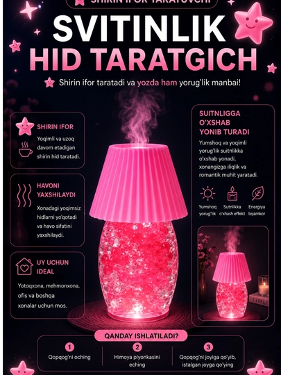 Ночник с диммером, освежитель воздуха, ночник — FRESHOP-TUNGICHIROQ01-РОЗОВ