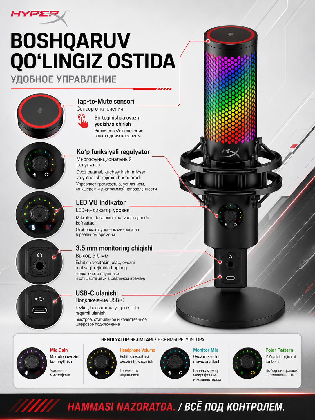HyperX QuadCast 2 S игровой USB микрофон с RGB подсветкой для ПК и стриминга