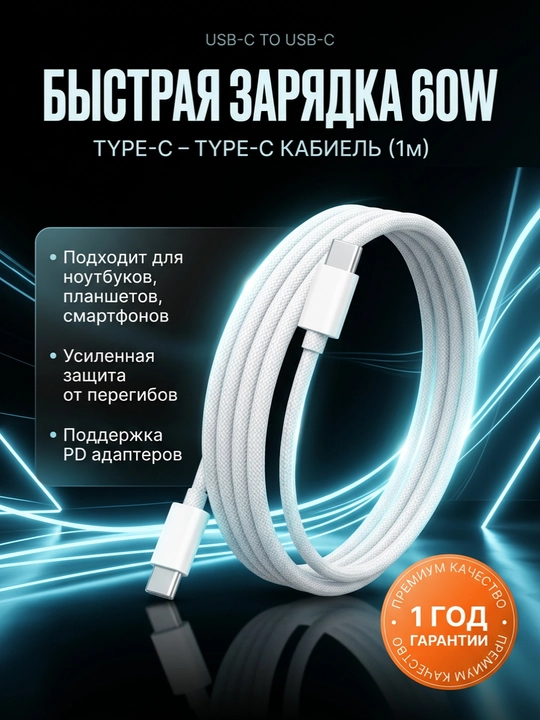USB Type-C – Type-C kabel 60W 1m, tez zaryadlash va data kabel - 