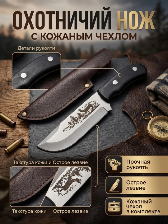 Ovchi pichog‘i lazer naqshli, mustahkam tig‘li, g‘ilofli pichoq