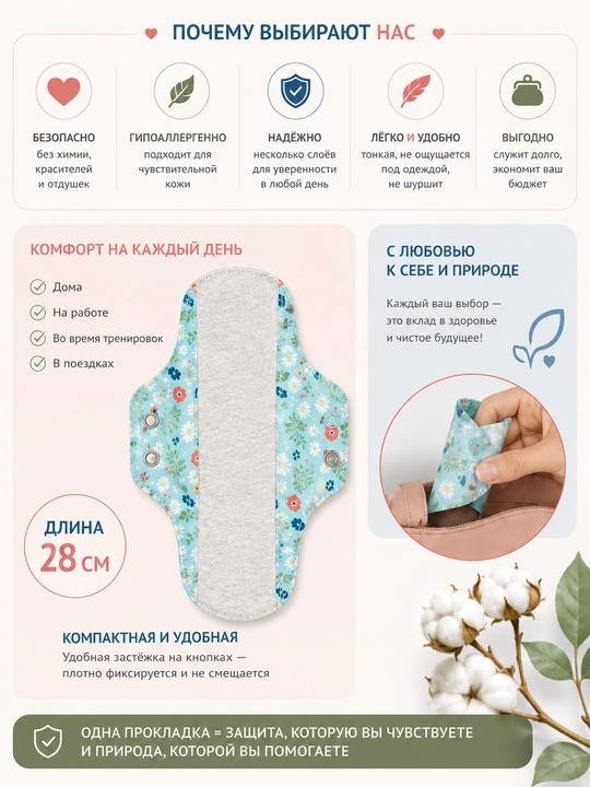 Ko‘p martalik ECO prokladka, ayollar gigiyenik prokladkasi 28sm