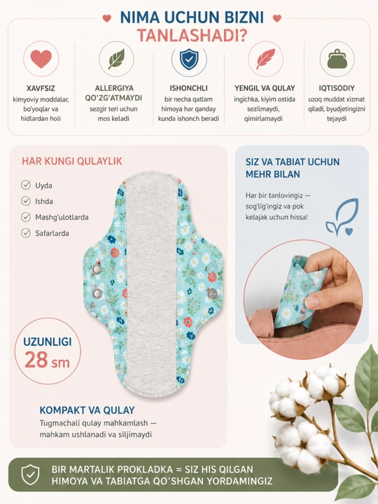 Ko‘p martalik ECO prokladka, ayollar gigiyenik prokladkasi 28sm
