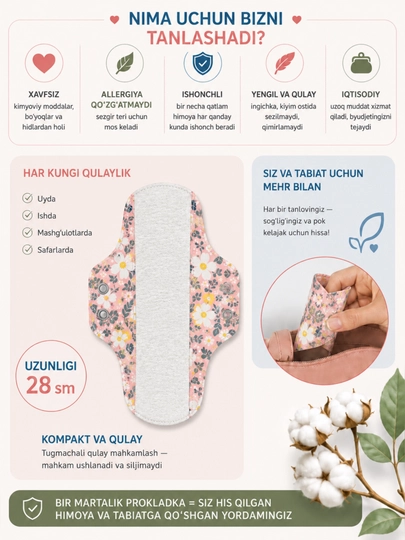 Ko‘p martalik ECO prokladka, ayollar gigiyenik prokladkasi 28sm