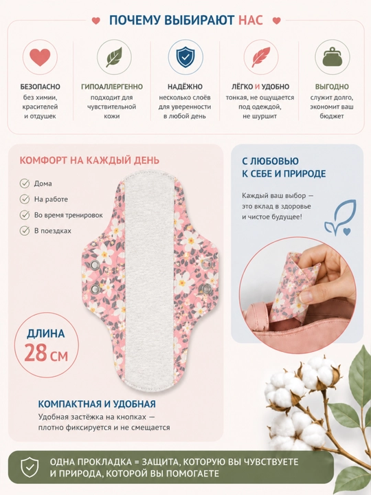 Ko‘p martalik ECO prokladka, ayollar gigiyenik prokladkasi 28sm