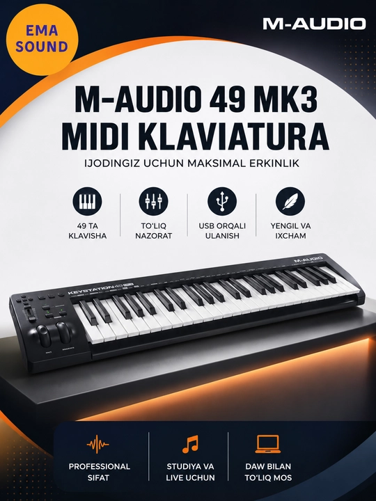 Профессиональная USB миди-клавиатура M-AUDIO MK3, 4 октавы, 49 клавиш