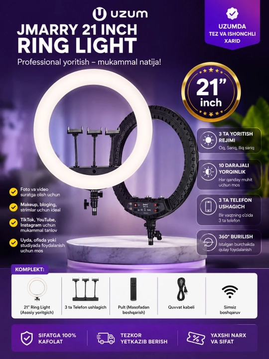 Jmary Ring Light 21 dyuymli professional yoritish uskunasi - 