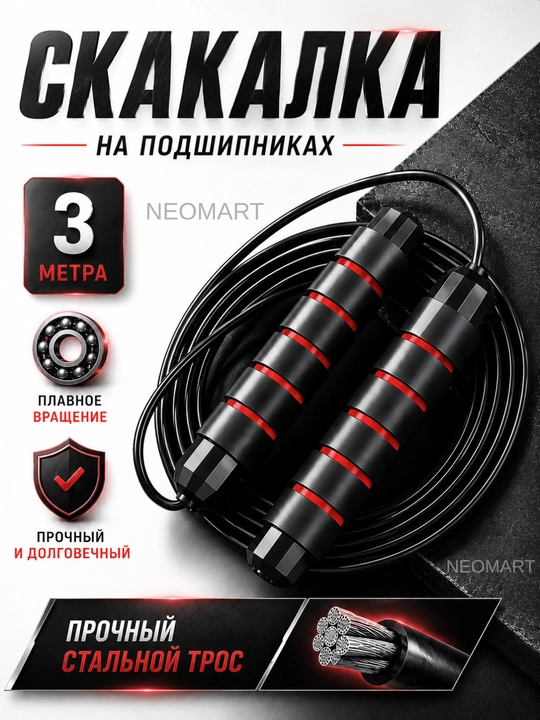 Скакалка с металлическим тросом и подшипником, регулируемая длина - 