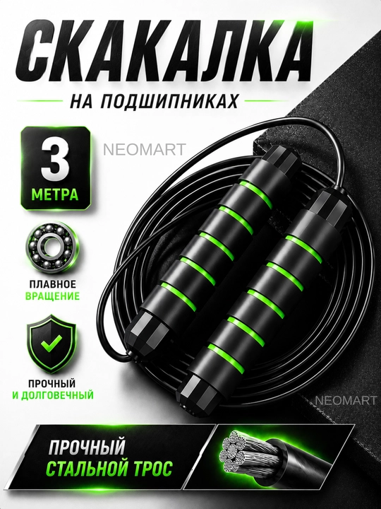 Скакалка с металлическим тросом и подшипником, регулируемая длина - 