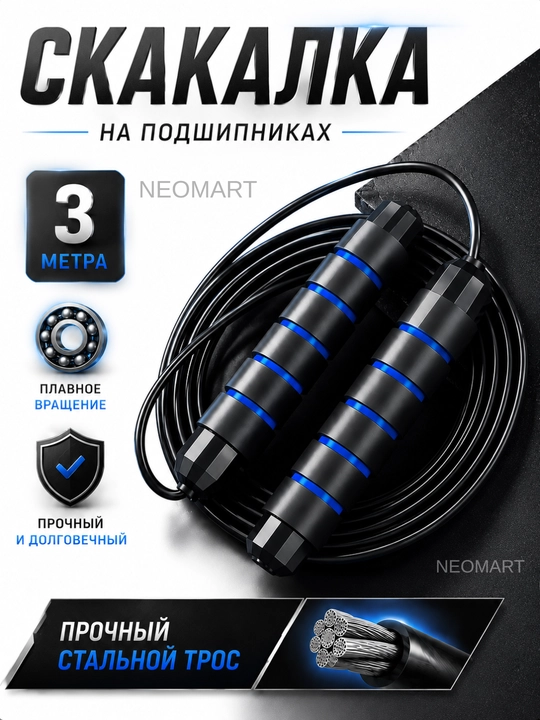 Скакалка с металлическим тросом и подшипником, регулируемая длина - 