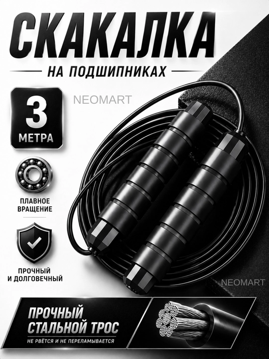 Скакалка с металлическим тросом и подшипником, регулируемая длина - 