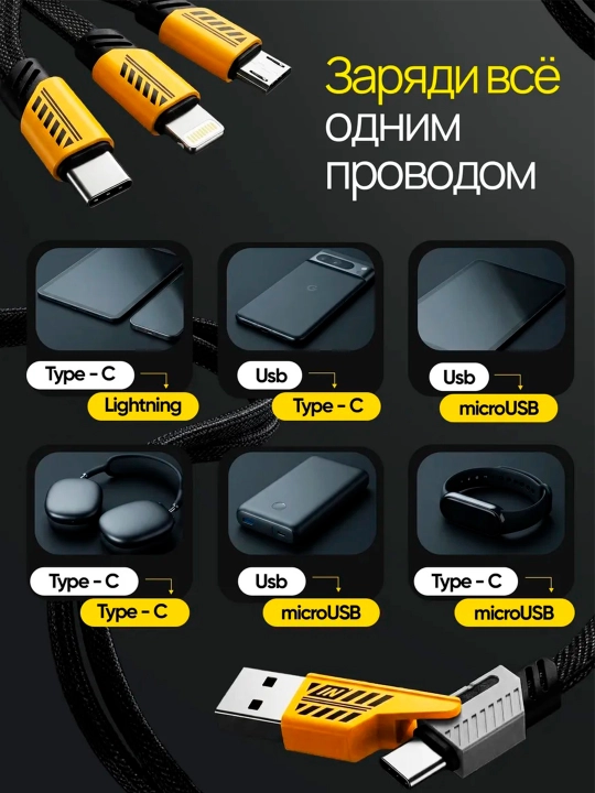 USB-кабель-трансформер, 4 в 1, Turbo, Type-C/Lightning - USB-A/Type C