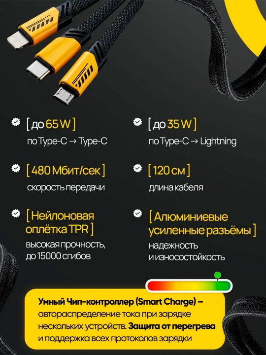 USB-кабель-трансформер, 4 в 1, Turbo, Type-C/Lightning - USB-A/Type C