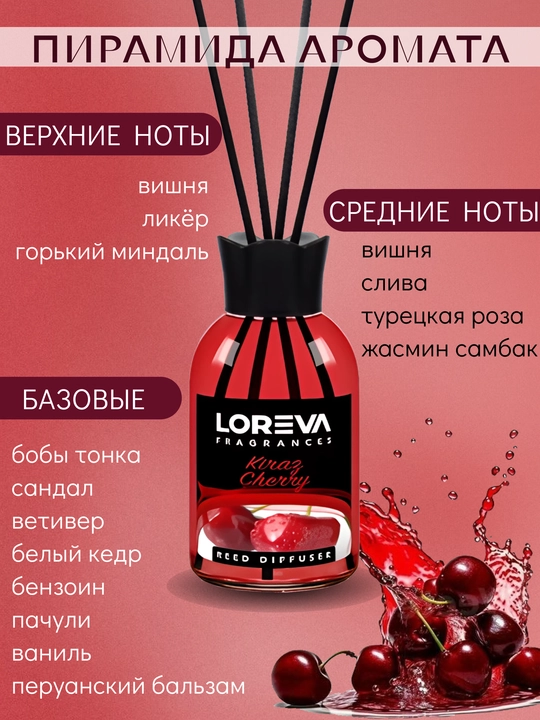 LOREVA Cherry 110 ml sovg'a tayoqchalari bilan uy uchun aroma diffuzeri