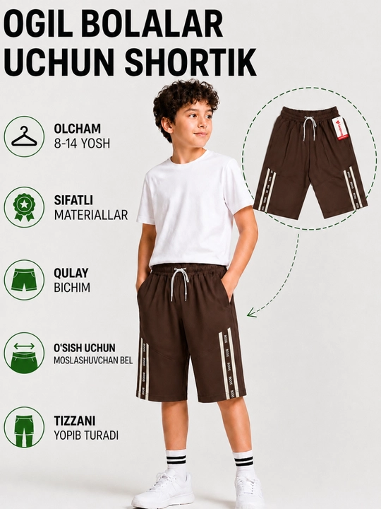 O‘g‘il bolalar uchun shortik, bahor va yoz fasli uchun, o'lchami: 8-16 yosh - 