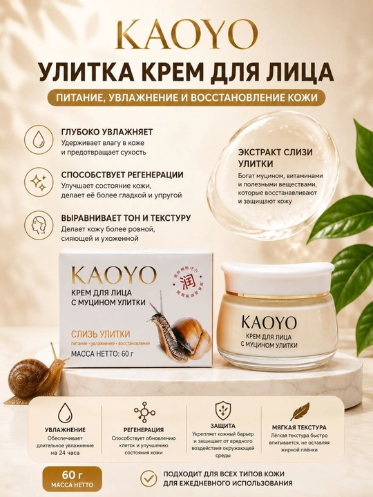 Крем для лица, KAOYO крем, с экстрактом улитки, восстанавливающий и увлажняющий 60 г - 