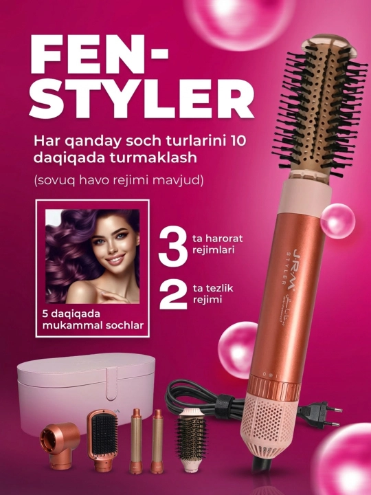 JRM Airwrap 6 tasi 1da ko'p funksiyali styler, soch quritgich, fen, jingalak, dazmol, ployka