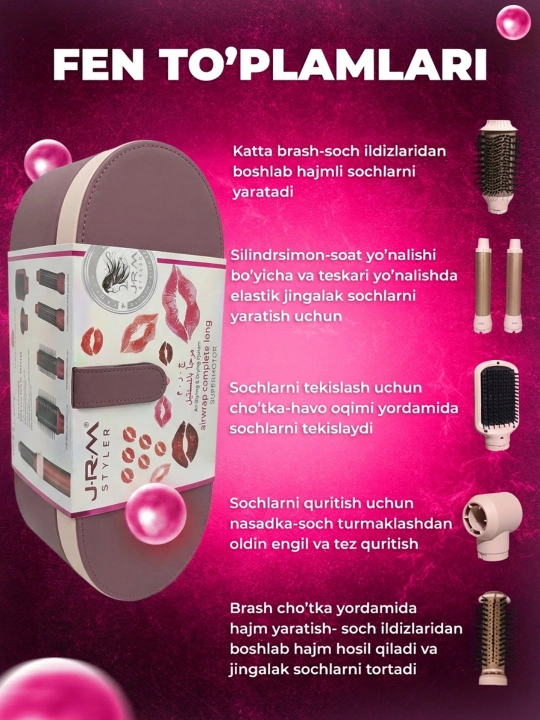 JRM Airwrap 6 tasi 1da ko'p funksiyali styler, soch quritgich, fen, jingalak, dazmol, ployka