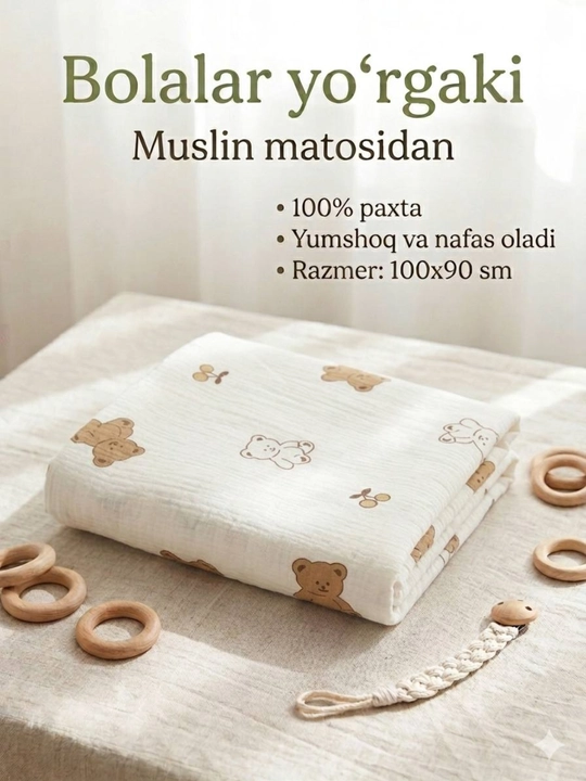 Muslin matosidan ko'p martalik yo'rgak, 100*90 sm 0-12 oy