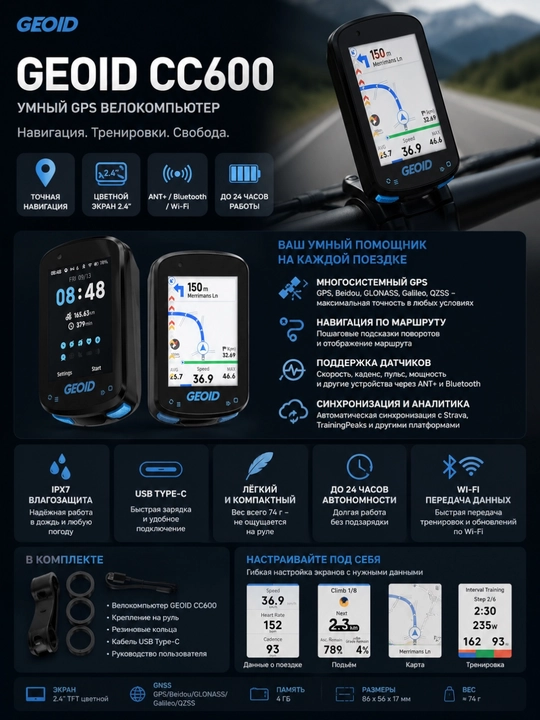 GEOID CC600 — умный GPS велокомпьютер с навигацией Надёжный помощник для путешествий
