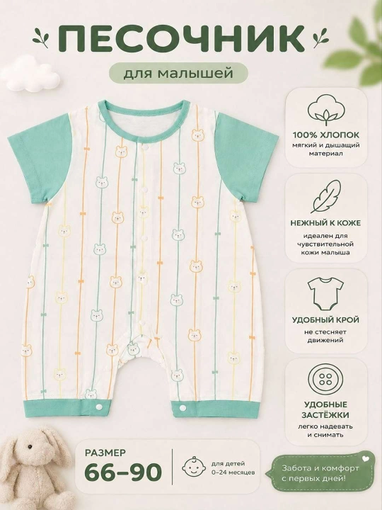 Летний комбинезон для малышей, песочник, 100% хлопок, размер 66-90