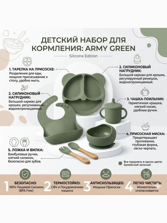 Силиконовая детская посуда, набор для кормления, комплект из 6 предметов