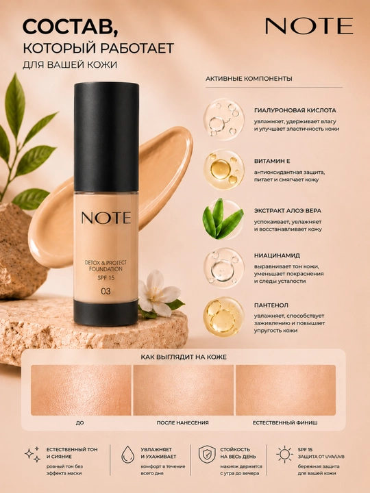 Тональный крем NOTE Detox & Protect SPF15 03 Natural Beige 30 мл