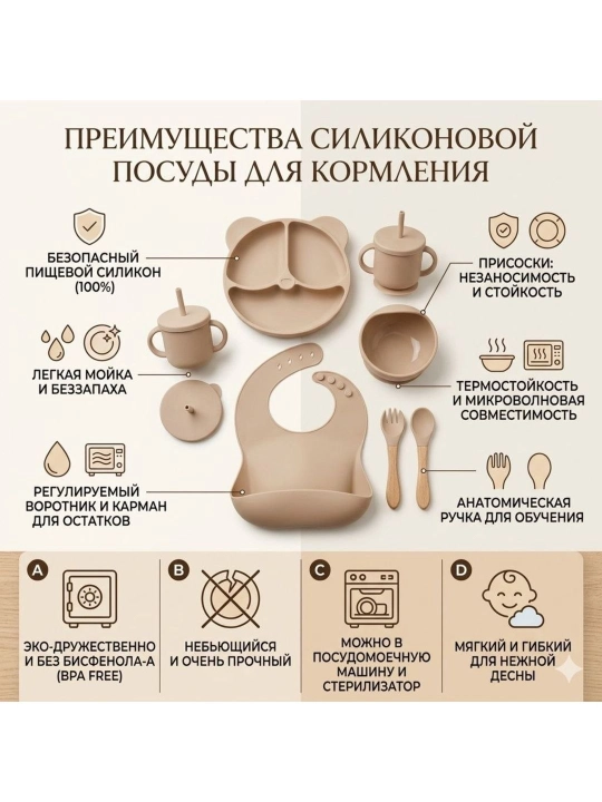 Силиконовая детская посуда, набор для кормления, комплект из 6 предметов