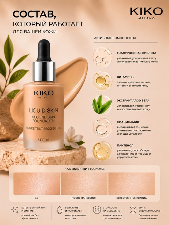 KIKO MILANO Liquid Skin Foundation SPF15 30мл — тональный крем с эффектом второй кожи