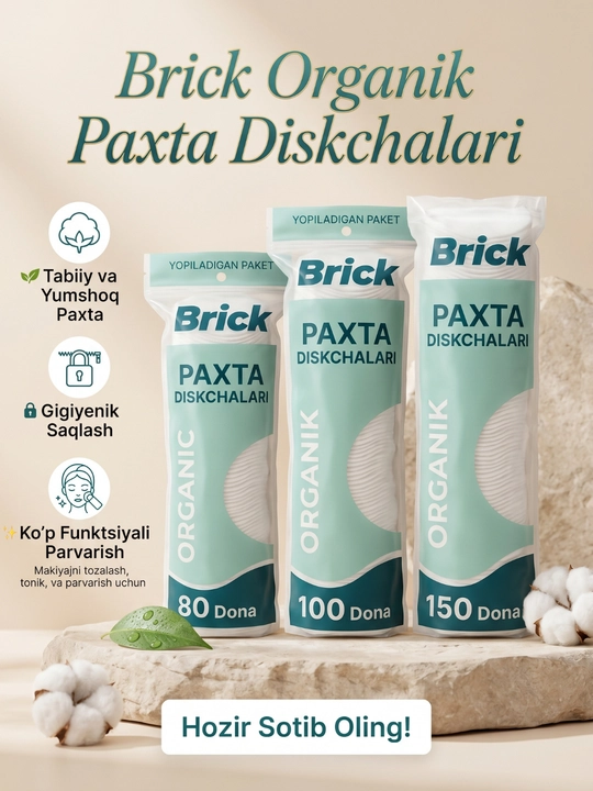 Paxta disklari BRICK , 80,100,150 dona  tabiiy paxta, ikki tomonlama, tikilgan hoshiya - 