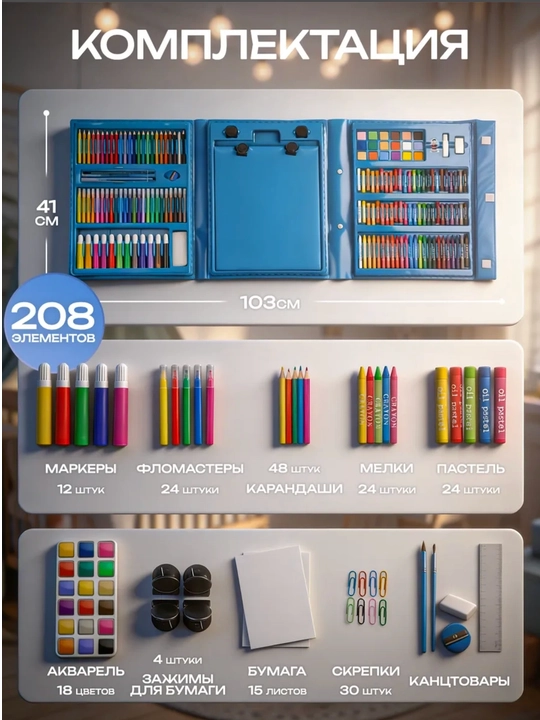 208 ta rasm chizish to‘plami chamadonda flomaster va qalamlar Art Set