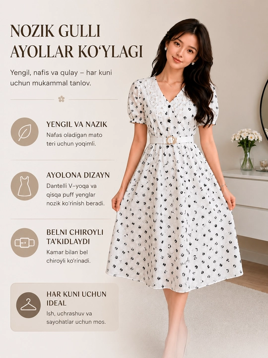 Nozik dizaynli, yengil matoli va o‘smirlarga xos nafis uslubdagi ayollar yozgi ko‘ylagi
