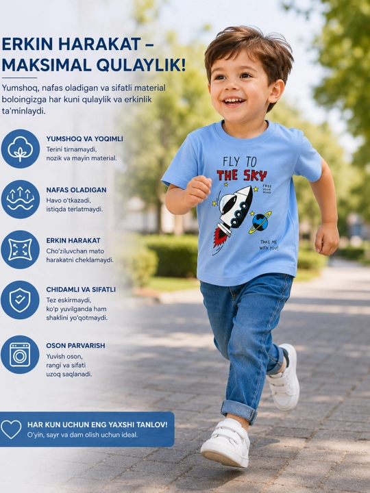 Bolalar uchun raketa printli yumshoq futbolka paxta