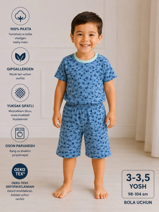 Qiz va o'g'il bolalar uchun paxtali shortikli pijama - 