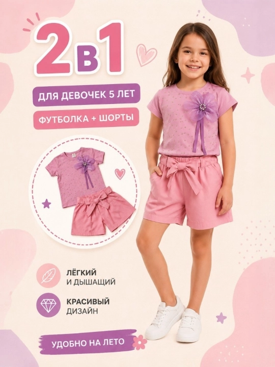 Летняя одежда для девочек: футболка и шорты, комплекты из двух предметов, для маленьких девочек - 