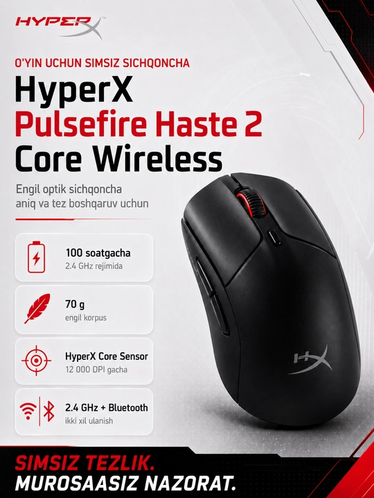 HyperX Pulsefire Haste 2 Core Wireless yengil o'yin sichqonchasi optik simsiz