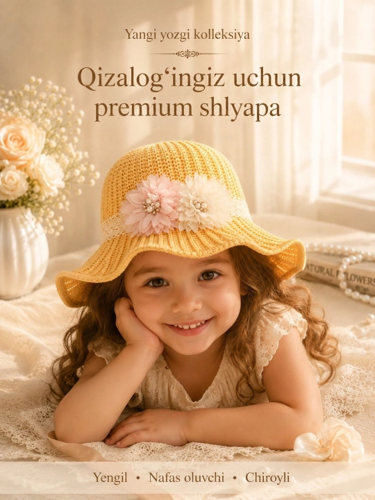 4-8 yoshli qizlar uchun yozgi premium shlyapa – yengil va nafas oluvchi panama