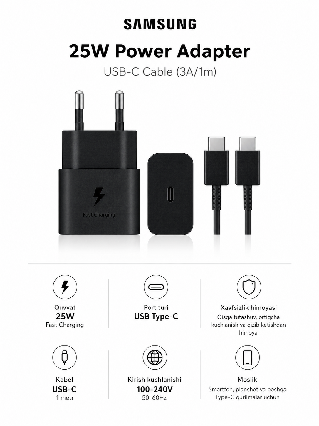 Samsung 25W Type-C quvvatlash qurilmasi zaryadchik Fast Charge kabeli bilan - 