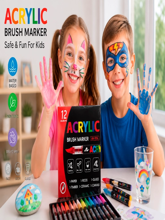 Akril markerlar Brush Marker 12 rang — oyna, ko‘zgu, qog‘oz va keramika uchun - 