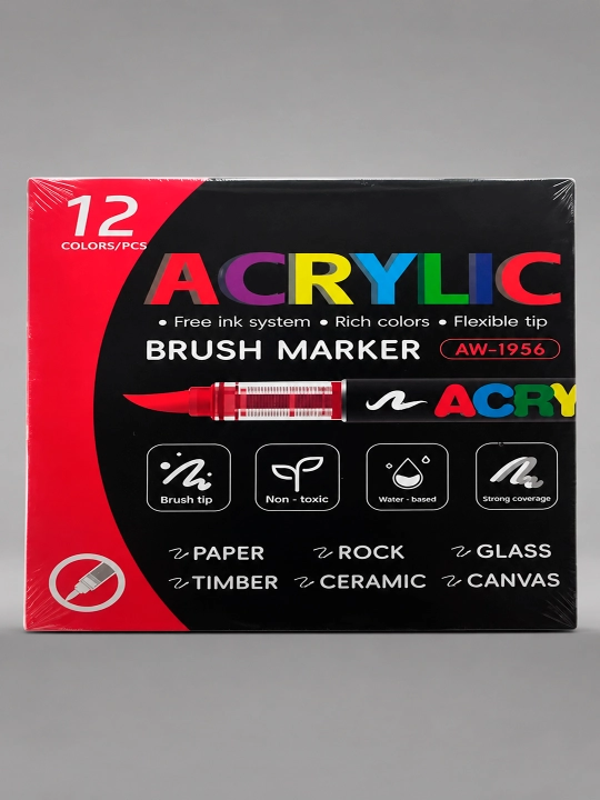 Akril markerlar Brush Marker 12 rang — oyna, ko‘zgu, qog‘oz va keramika uchun