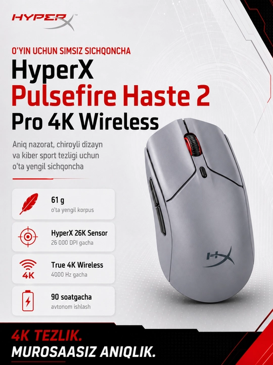 HyperX Pulsefire Haste 2 Pro 4K Wireless сверхлегкая игровая беспроводная мышь 4000 Гц