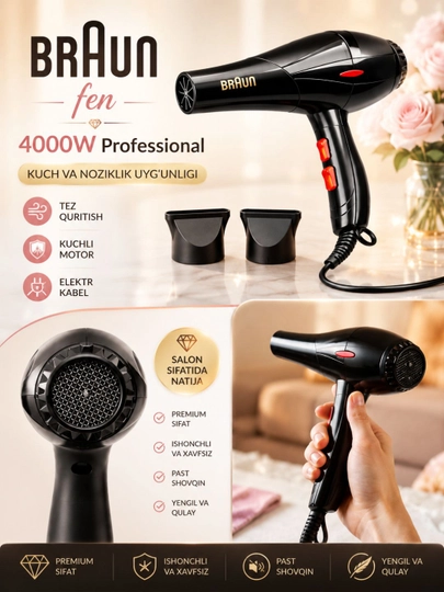 Профессиональный фен для волос Braun BR-6012 4000W 2 насадки