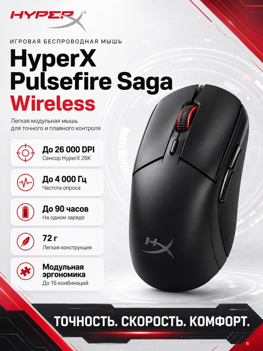 HyperX Pulsefire Saga Wireless легкая игровая беспроводная мышь магниевый сплав для ПК - 