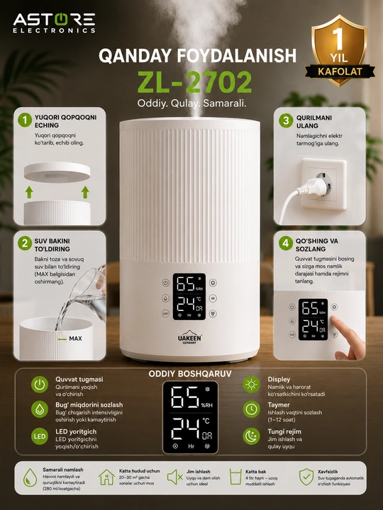 Havo namlagich UAKEEN ZL-2702, 4L, 45W, ultratovushli humidifier