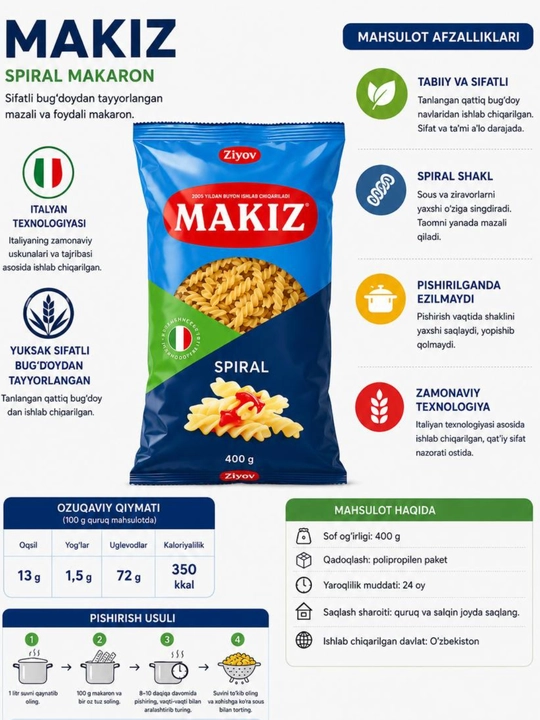 Makaron mahsuloti Makiz, spirallar, 400 g,700 g - 