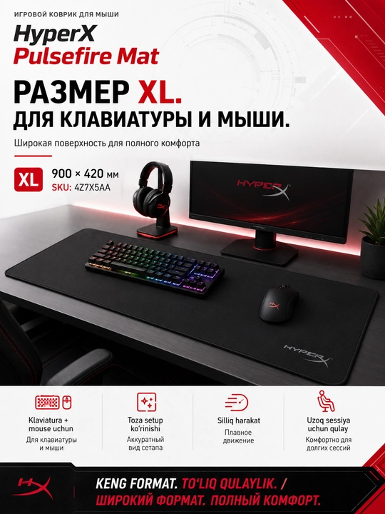 HyperX Pulsefire Mat Cloth M geymerlar matoli qora sichqoncha gilamchasi