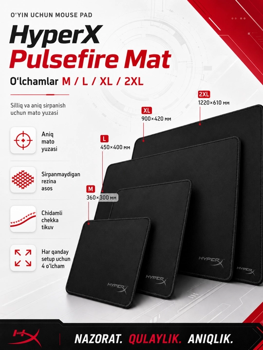 HyperX Pulsefire Mat Cloth M geymerlar matoli qora sichqoncha gilamchasi