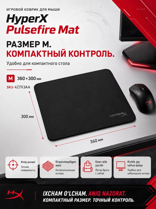 HyperX Pulsefire Mat Cloth M geymerlar matoli qora sichqoncha gilamchasi