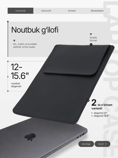Чехол для ноутбука, сумка для Macbook, размеры 12-15,6" дюймов — ACCESLM-ЧЕХНОУТ-ЧЕРН-Р15
