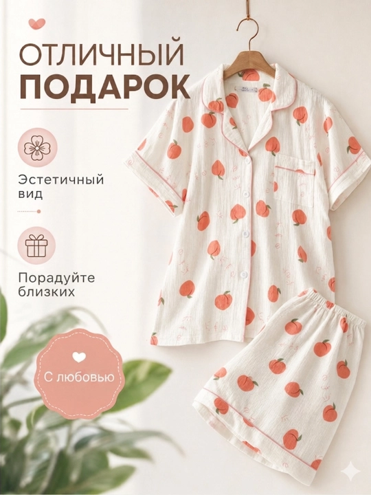 Пижама женская летняя, комплект из 2 предметов, рубашка и шорты, M-XL
