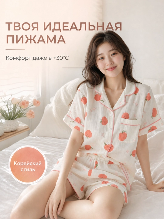 Пижама женская летняя, комплект из 2 предметов, рубашка и шорты, M-XL - 